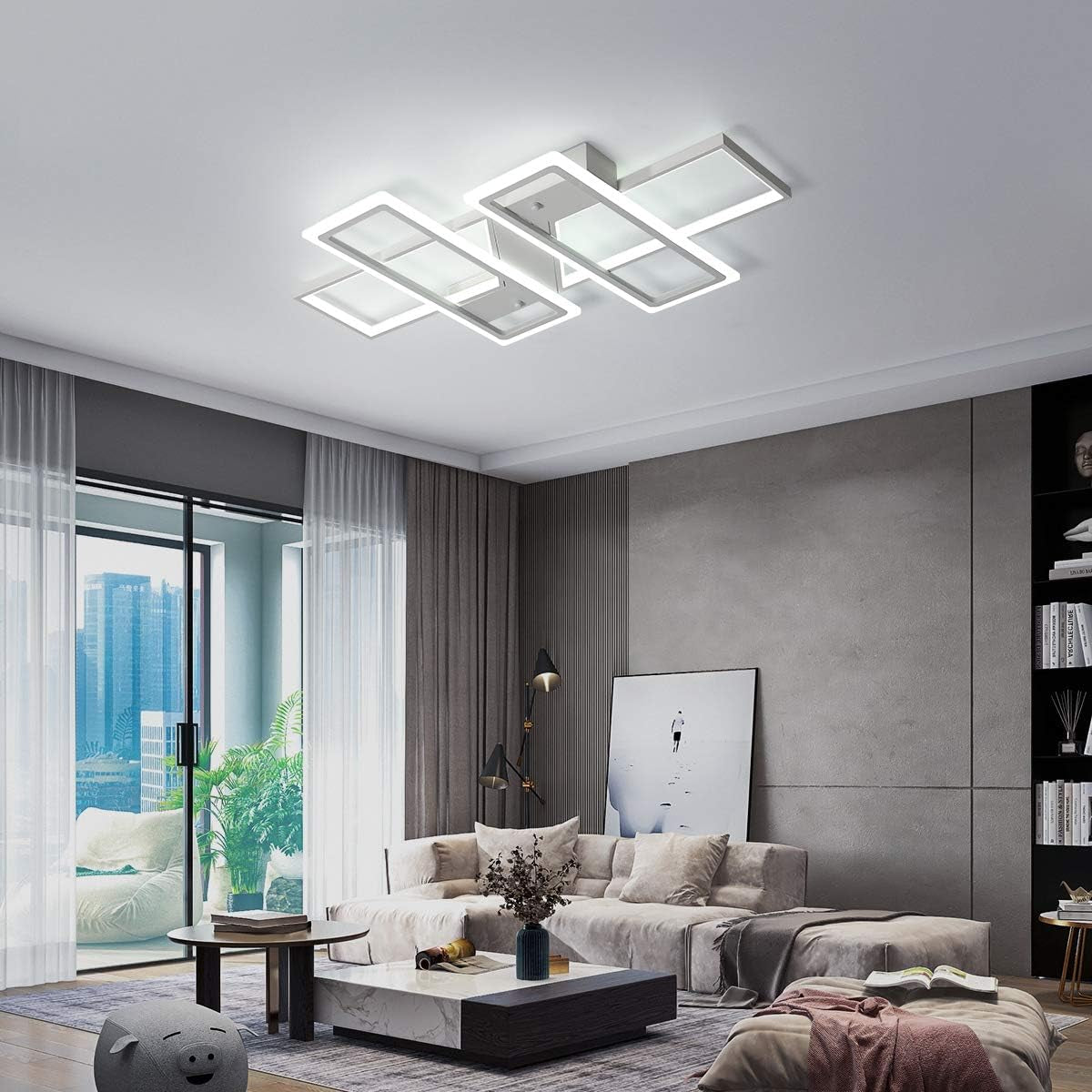 Dimmable Ceiling Light for Living Room,4 Squares Modern LED Ceiling Lamp with Remote Control,80W Acrylic Flush Mount Ceiling Light Fixture for Dining Room Bedroom Kitchen(White)
